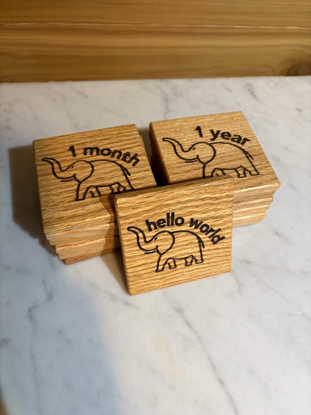 Wooden Baby Milestone Blocks with Elephant Engraving - Natural Wood